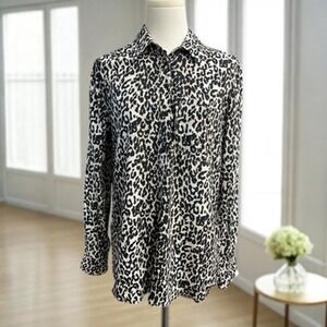 Cosmic Blue Love Shirt Womens Small Leopard Print Button Pull Over Rayon Top